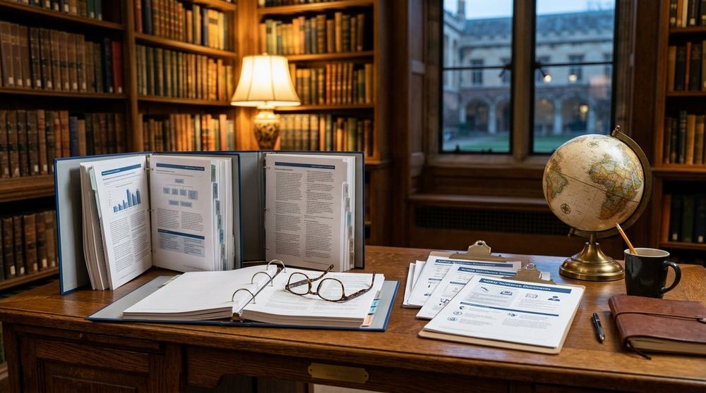 HSE professional reviewing safety documents and field notes on a desk